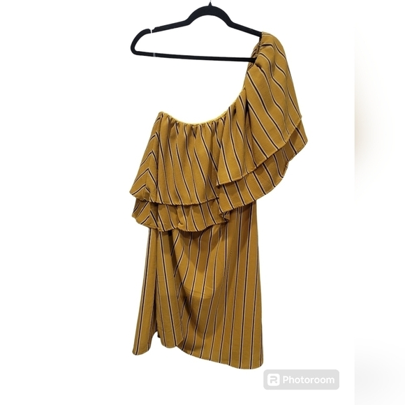 NWT BOUTIQUE XL Gold Stripes Print One Shoulder Midi Dress - Picture 1 of 4